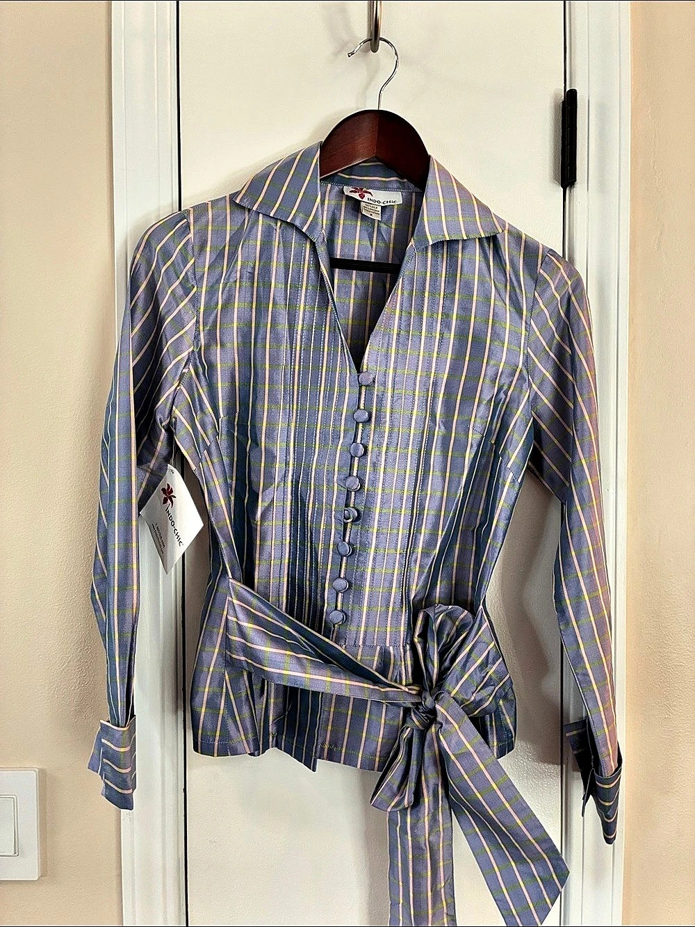 Indo-Chic Silk Plaid Tie Waist Blouse Blue & Green Small NWT